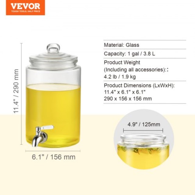 Διανομέας Ποτών VEVOR 1 Γαλόνι, Γυάλινος Διανομέας με Ανοξείδωτη Βρύση  YLFPQBLFPQWD04Y31V0
