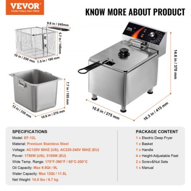 VEVOR  Επαγγελματική Ηλεκτρική Φριτέζα 3100W 9L Ανοξείδωτη 200°C DGDZGJCK0000BU3PZV2