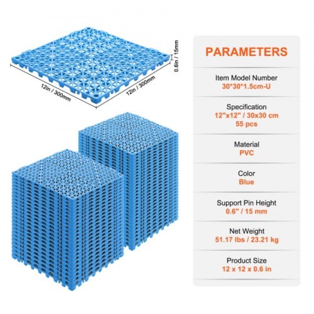 Σετ 55 Μπλε Αποστραγγιστικών Πλακιδίων VEVOR 30x30 εκ.  HZXSJDD1212...