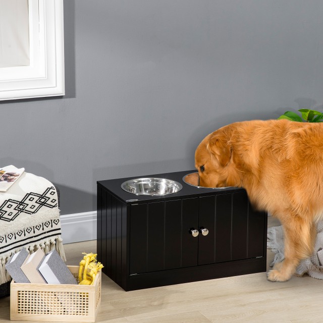 PawHut Raised Dog Bowl με αποθηκευτικό χώρο, 2 αφαιρούμενα μπολ από ανοξείδωτο χάλυβα, 60x30x35,5cm, Μαύρο D08-040V00BK
