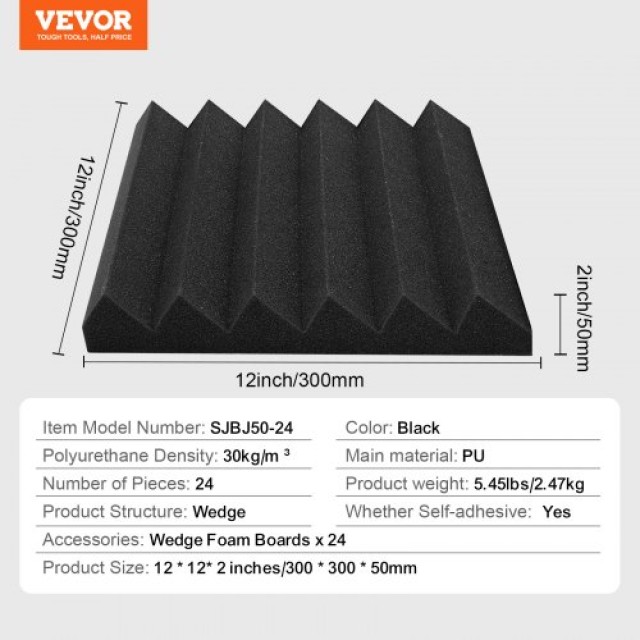 VEVOR  24 Ακουστικά Πάνελ Αφρού 30x30x5 εκ. με Αυτοκόλλητο για Τοίχ...