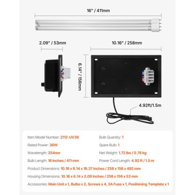VEVOR Σύστημα Καθαρισμού Αέρα HVAC με Λάμπα UV 36W 16 ιντσών για Ολόκληρο το Σπίτι, Ενσωματωμένο στους Αγωγούς Κλιματισμού UVCGKGDJHQ13IF30WV2