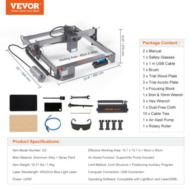 VEVOR Μηχάνημα Χάραξης Λέιζερ 20W με Κυλινδρικό Ρόλερ  KZXS20W4140CMZ060V2