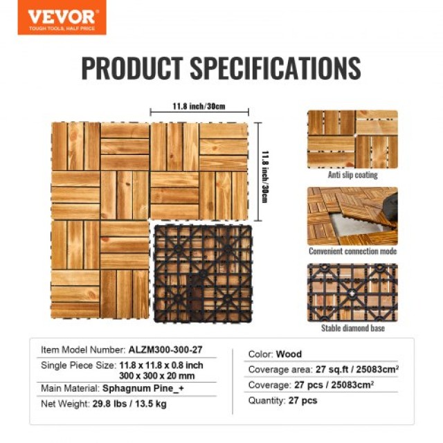 VEVOR  Πλακάκια Ξύλου 27τμχ 12x12 Καμφορά Πεύκο για Βεράντα  HDDBSMJZMS27MBN4TV0