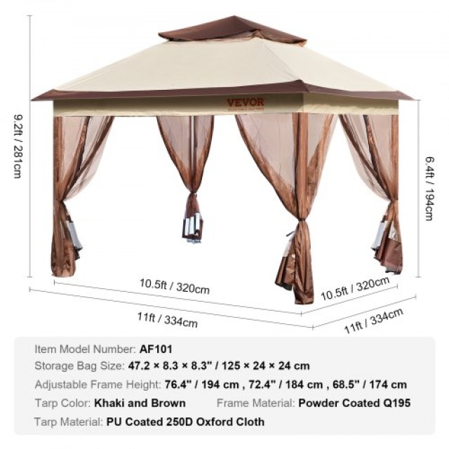 VEVOR Κιόσκι Πάτιο 11x11 FT, Αναδυόμενο με Κουνουπιέρα, Μεταλλικό Σκελετό και Υφασμάτινη Κάλυψη, Εξωτερικό Στέγαστρο για Κήπο/Αυλή  TYLTDC11X11FTRVXGV0