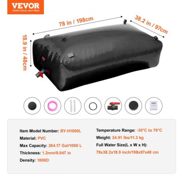 VEVOR Φορητή Δεξαμενή Νερού 1000L PVC Μαύρη Αναδιπλούμενη  CSDHSPVCB100YFP48V0