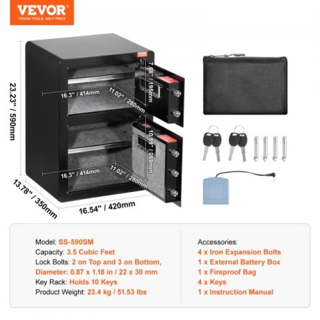 VEVOR Διπλή Πόρτα Χρηματοκιβώτιο 3.5 cu.ft με Κλειδαριά & Κωδικό, Α...