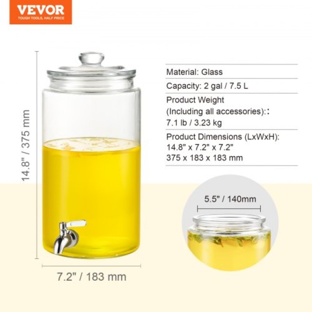 Διανομέας Ποτών VEVOR 7.5L, Γυάλινος με Ανοξείδωτη Βρύση  YLFPQBLFPQWD0RA6IV0