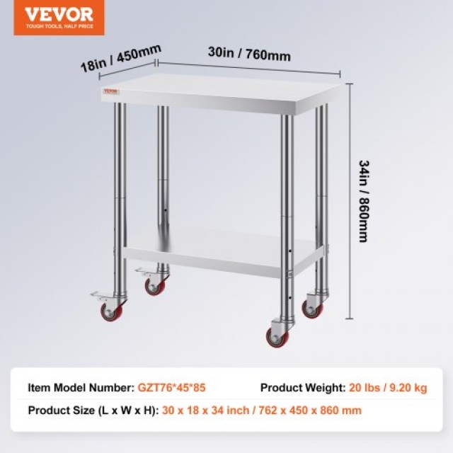 Τραπέζι Εργασίας Ανοξείδωτο VEVOR 30x18 με Ρόδες για Κουζίνα  CFGZT30X18X34YC01V0