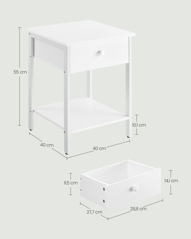 VASAGLE Μοντέρνο Κομοδίνο με Συρτάρι και Ράφι, 40 x 40 x 55 cm, Ματ Λευκό LET055W14