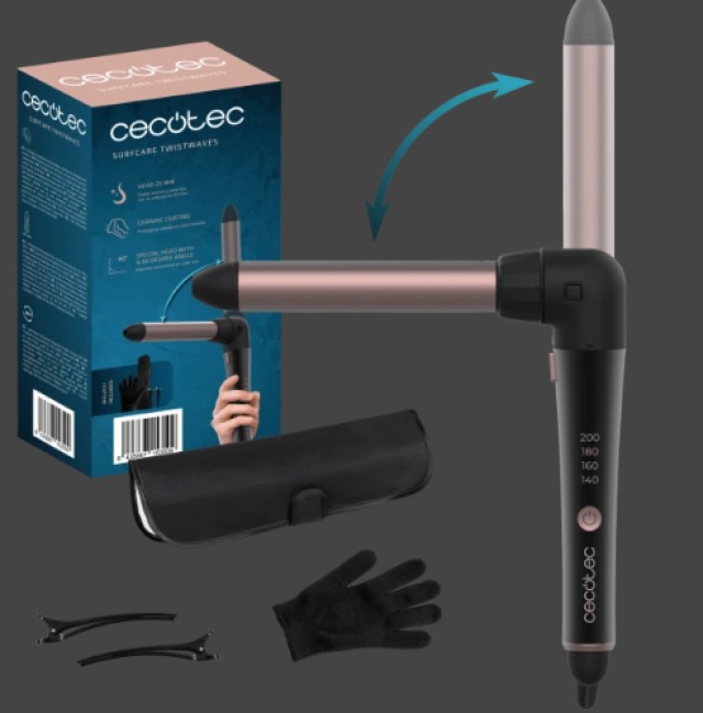 CECOTEC  SurfCare TwistWaves Σίδερο για Μπούκλες 25mm με Γωνία 90 Μοιρών, Θερμικό Γάντι, Θήκη και 2 Κλιπς  CEC-100003