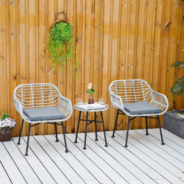 Σετ Έπιπλα Κήπου Outsunny σε PE Rattan με 2 καρέκλες και Τραπεζάκι σαλονιού με γυάλινο ράφι, γκρι 863-085