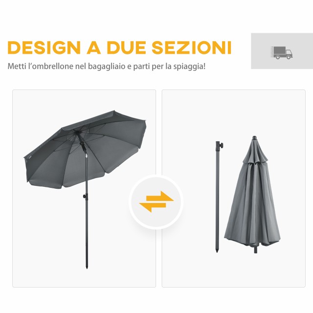 Outsunny Beach Parasol από πολυεστέρα και ατσάλι με ανακλινόμενο κουβούκλιο 45°, Ø180x209 cm, Γκρι 84D-221V00CG