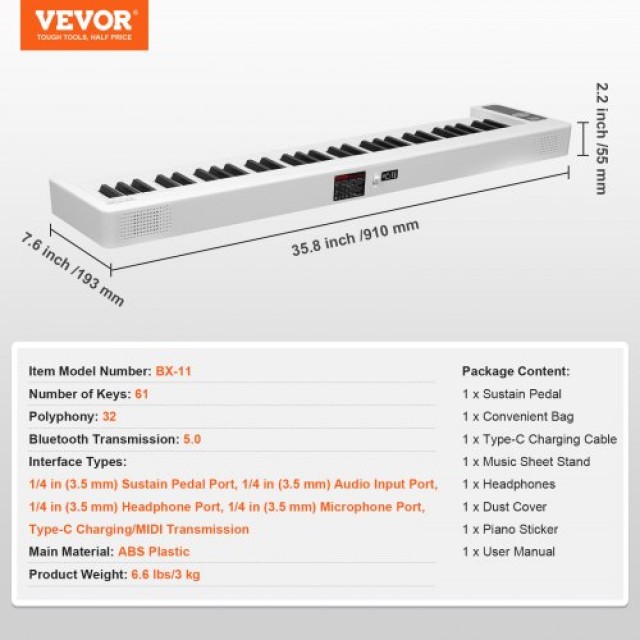 Φορητό Πιάνο 61 Πλήκτρων VEVOR με Bluetooth MIDI Λευκό  ZDSMGQ61JBSW9CBHXV9