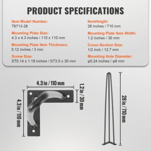Σετ 4 Μαύρα Πόδια Τραπεζιού VEVOR Hairpin 0.7M, Αντοχή 408.2KG, 3 Ράβδοι από Ανθρακοχάλυβα  TZ3YGZTHSTGS942SZV0