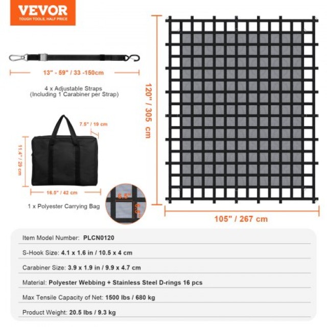 VEVOR  Βαρύ Καθαρό Φορτίο 120 x 105 Ρυθμιζόμενες Πόρπες & S-Γάντζοι  HWGDWYMESHWF059VTV0