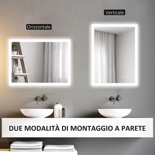 Kleankin Καθρέφτης Μπάνιου με Ρυθμιζόμενα Φώτα LED, Έλεγχος Αφής και Αντιθαμβωτική Λειτουργία, 70x50 εκ. 834-590V00CR