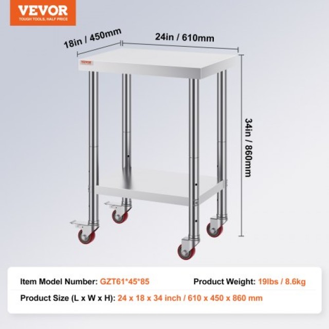 Τραπέζι Εργασίας Ανοξείδωτο VEVOR 24x18 με Ρόδες για Κουζίνα  CFGZT24X18X34YC01V0