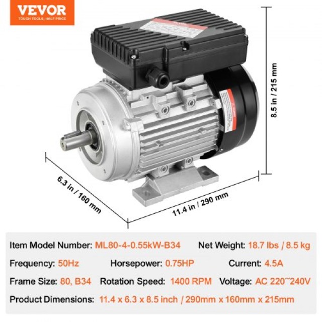 Ηλεκτροκινητήρας VEVOR 0.55KW 1400RPM 220~240V 1-Φάση  TYJLIECDJ1723M99FV7