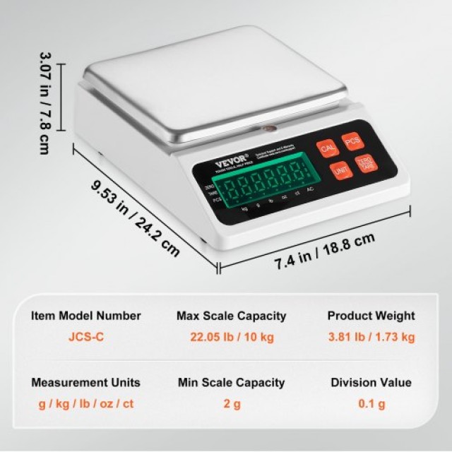 Βιομηχανική Ζυγαριά Αρίθμησης VEVOR, 10 kg x 0.1 g, Ψηφιακή Ζυγαριά...