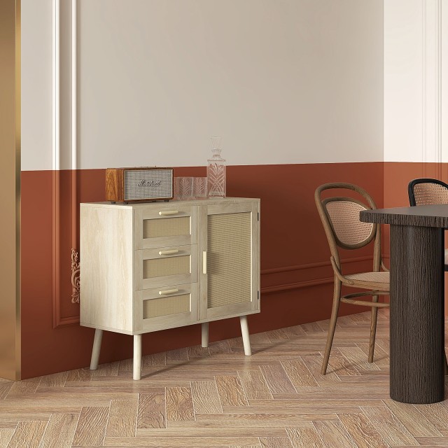 Ντουλάπι HOMCOM Πολλαπλών χρήσεων Boho Style με Ντουλάπι και 3 Συρτάρια σε Ξύλο και Ρατάν, 80x36x75cm, Δρυς 839-914V00AK