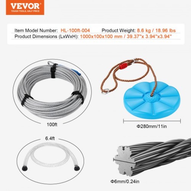 Σετ Zipline VEVOR 100 ft για Παιδιά & Ενήλικες, έως 500 lb, με Ατσάλινο Σχοινί, Φρένο, Ζώνη Ασφαλείας, Κάθισμα  BXGHSTJ100YCCSUS1V0