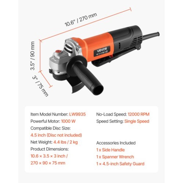 VEVOR Ηλεκτρικός Γωνιακός Λειαντήρας 114.3mm - 4.5Α, 12000RPM με Ρυ...