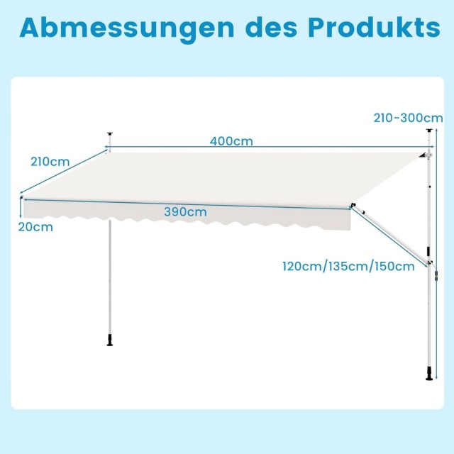 Costway Κάθετη Ρυθμιζόμενη Λευκή Τέντα Μπαλκονιού 400 cm Χωρίς Τρύπ...