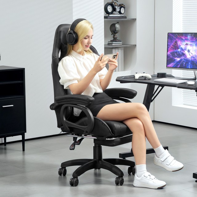 HOMCOM  Καρέκλα Gaming με ανάκλιση 125° και λειτουργία μασάζ από συνθετικό δέρμα με υποπόδιο, 65x68x120-128 εκ., Μαύρο  921-795V90BK
