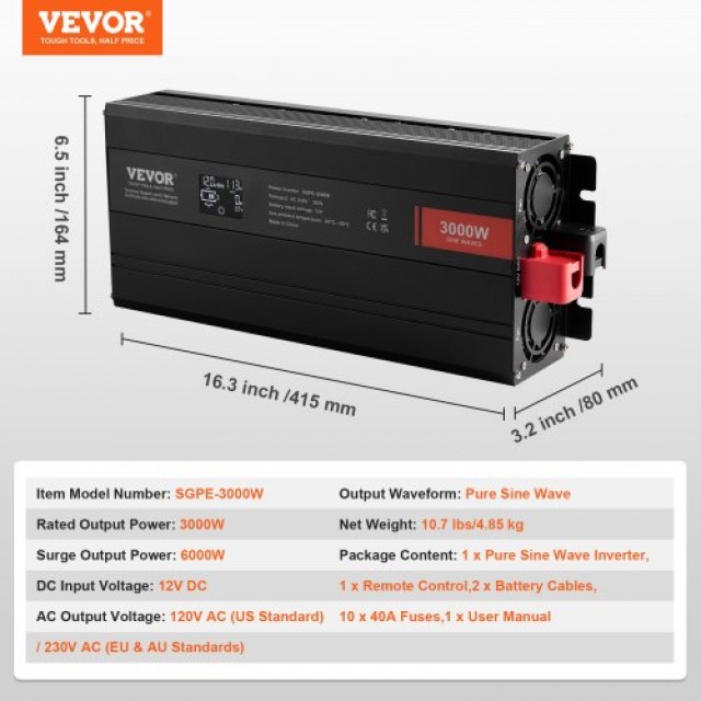 VEVOR Inverter 3000W 12V/230V LCD Remote CE  CZXNBQ3000WC2N69YV2
