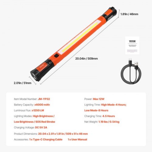 VEVOR Φωτιστικό Εργασίας LED 1250LM 6000mAh Επαναφορτιζόμενο με Μαγ...