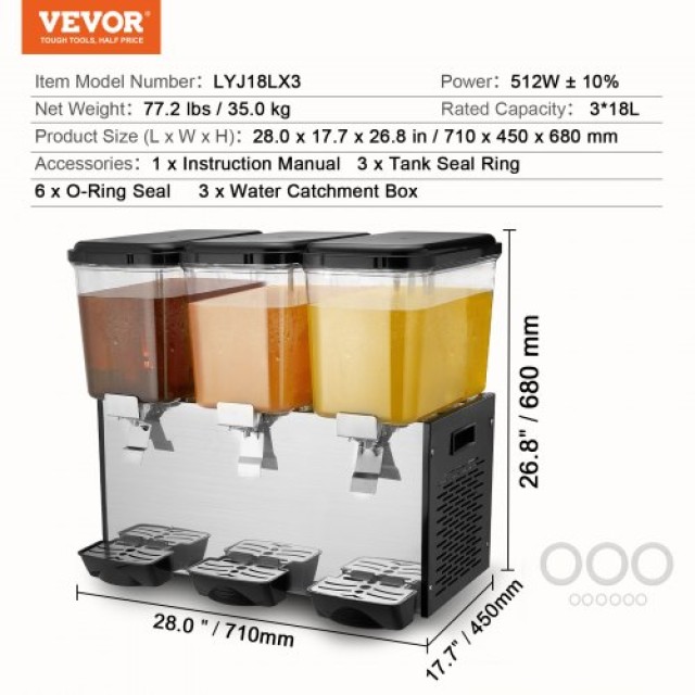VEVOR  Εμπορικός Διανομέας Ποτών 18L x 3 Δεξαμενές Κρύου Χυμού SYYLJJBSJXS1XCB5NV2