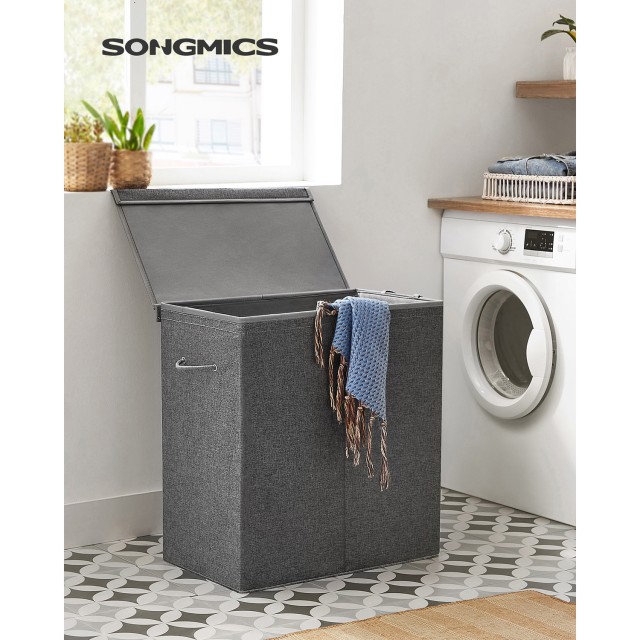 SONGMICS Καλάθι Απλύτων 142L Διπλού Διαμερίσματος 63 x 33 x 53 cm Σκούρο Γκρι, LCB002G02 