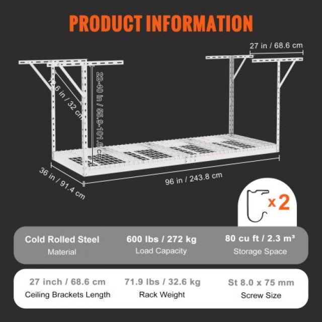 Ράφι Οροφής Γκαράζ VEVOR, 36x96, 600 lbs, Λευκό  CKTHBCWJZBS36S0MYV0