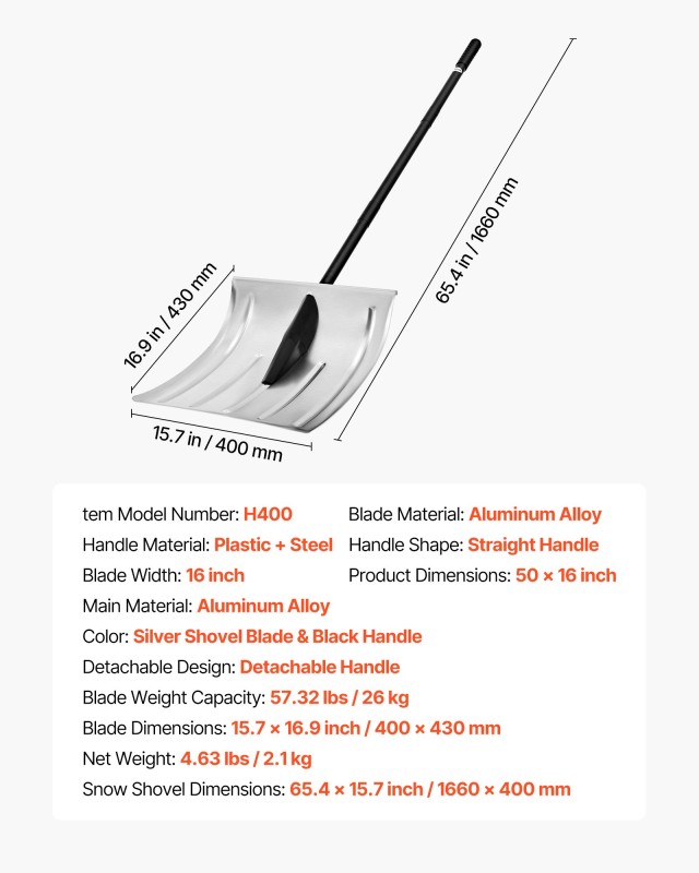 VEVOR Φτυάρι Χιονιού για Δρόμους, 40cm Φαρδιά Λεπίδα Αλουμινίου, Αν...