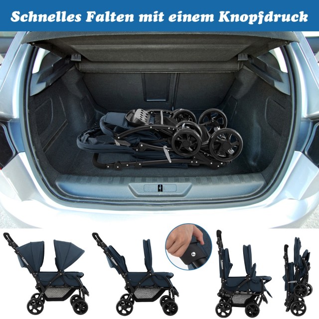 Costway Διπλό Καροτσάκι Γαλάζιο Αναδιπλούμενο με Ρυθμιζόμενη Πλάτη ...