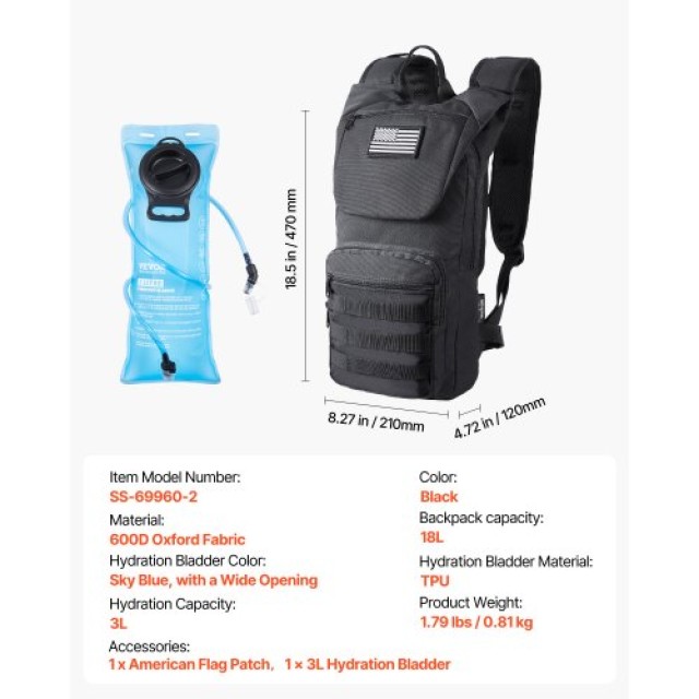VEVOR Τακτικό Σακίδιο Πλάτης Molle με Υδροδοχείο 3L TPU για Ποδηλασία & Πεζοπορία ZSKSDBHS0000Q81Z6V0