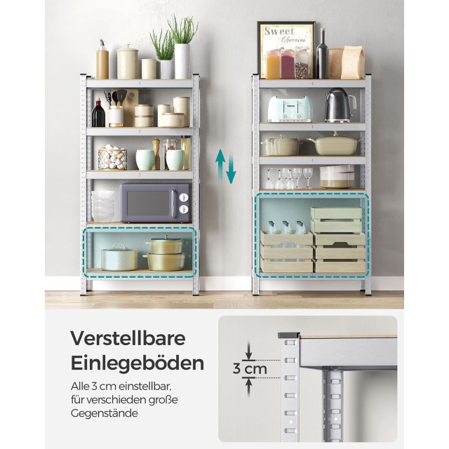 Ράφι SONGMICS 5 Επιπέδων, Χωρίς Βίδες, 650 kg, 30x75x150 cm, Ασημί 