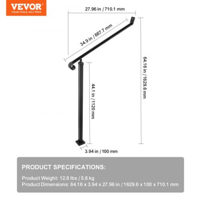 VEVOR  Σιδερένιο Κουπαστό 40mm για 2 Σκαλοπάτια Εξωτερικού Χώρου με Ένα Στύλο Στήριξης LTFS2BBGTYMLFS001V0