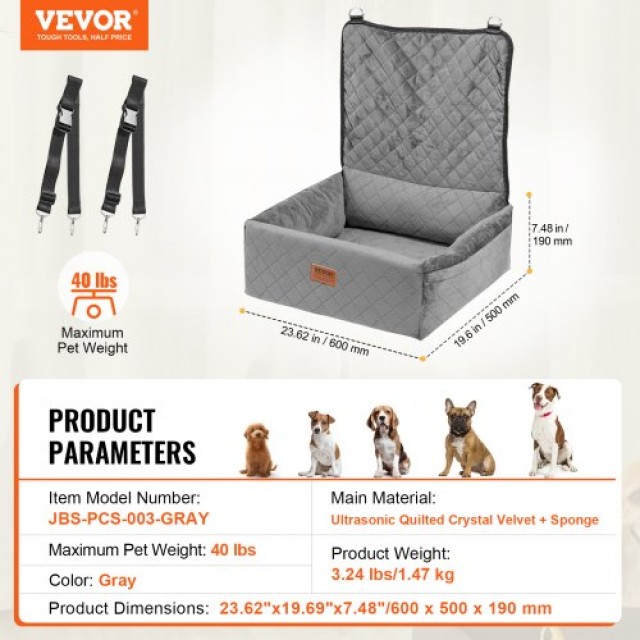 VEVOR Κάθισμα Αυτοκινήτου για Σκύλους έως 18 kg Γκρι  CWZGQCZYHSSFX5CLMV0