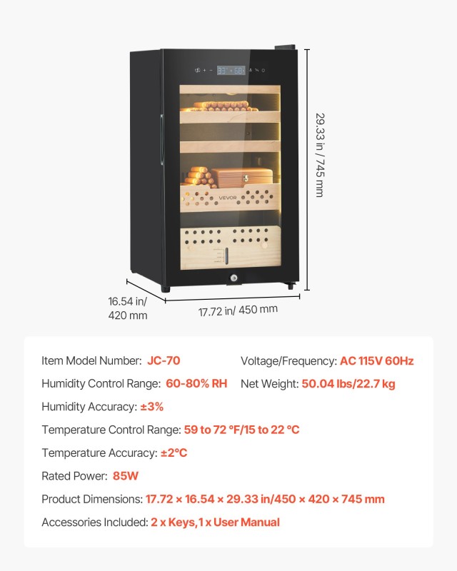 VEVOR Ηλεκτρικός Υγραντήρας Πούρων 70L, Διαστάσεις 450x420x745mm DX...