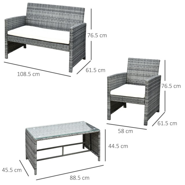 Σετ έπιπλα κήπου Outsunny σε καναπέ PE Rattan και 2 πολυθρόνες με τραπεζάκι σαλονιού και μαξιλάρια γκρι 841-173