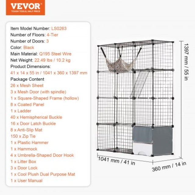 VEVOR  Μεγάλο 4-επίπεδο Κλουβί Γάτας 41 x 14 x 55 Μεταλλικό με Αιώρα PJSMBSL41W18RMZW7V0