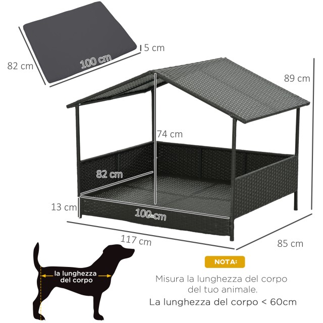 PawHut Raised Dog House με αφαιρούμενο μαξιλάρι, σε PE Rattan and S...