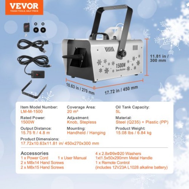 VEVOR  Μηχανή Χιονιού 1500W με Ασύρματο Χειριστήριο Χειρός/Κρεμαστή XHJXP1500WSCHCJITV2