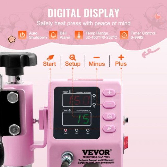 VEVOR Μηχανή Θερμομεταφοράς 12x10 ιντσών για Μπλουζάκια σε Ροζ Χρώμα YTSTHJBJF121030U8V2