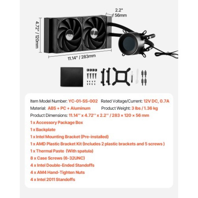 VEVOR Ψύκτρα Υγρού CPU AIO με Ανεμιστήρα 120 mm για Intel AMD CPULQFSSLDPBHDXT7V9