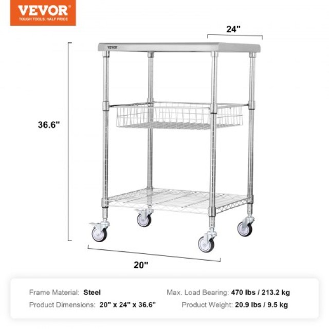 VEVOR Καρότσι Κουζίνας 3 Επιπέδων, Μεταλλικό Τρόλεϊ 470kg με Ρόδες  LLCFTCCB20X24IGJ4V0