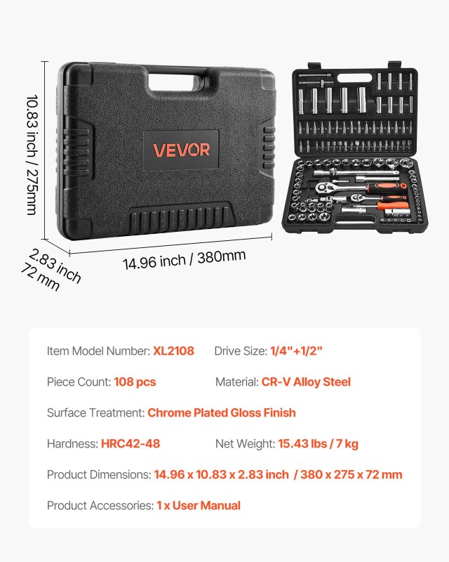 VEVOR Σετ Καρυδάκια 108 Τεμαχίων με CR-V Χάλυβα, Μετρικά Μεγέθη 4-3...