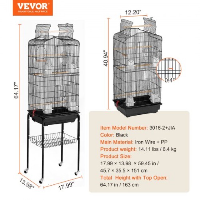 VEVOR  Μεγάλο Κλουβί Πουλιών 62 Μεταλλικό με Ρόδες για Κακατούες Παπαγάλους ZMSDXNLL18W1DWI2NV0